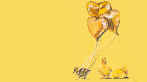 Whimsical duck illustration with gold balloons